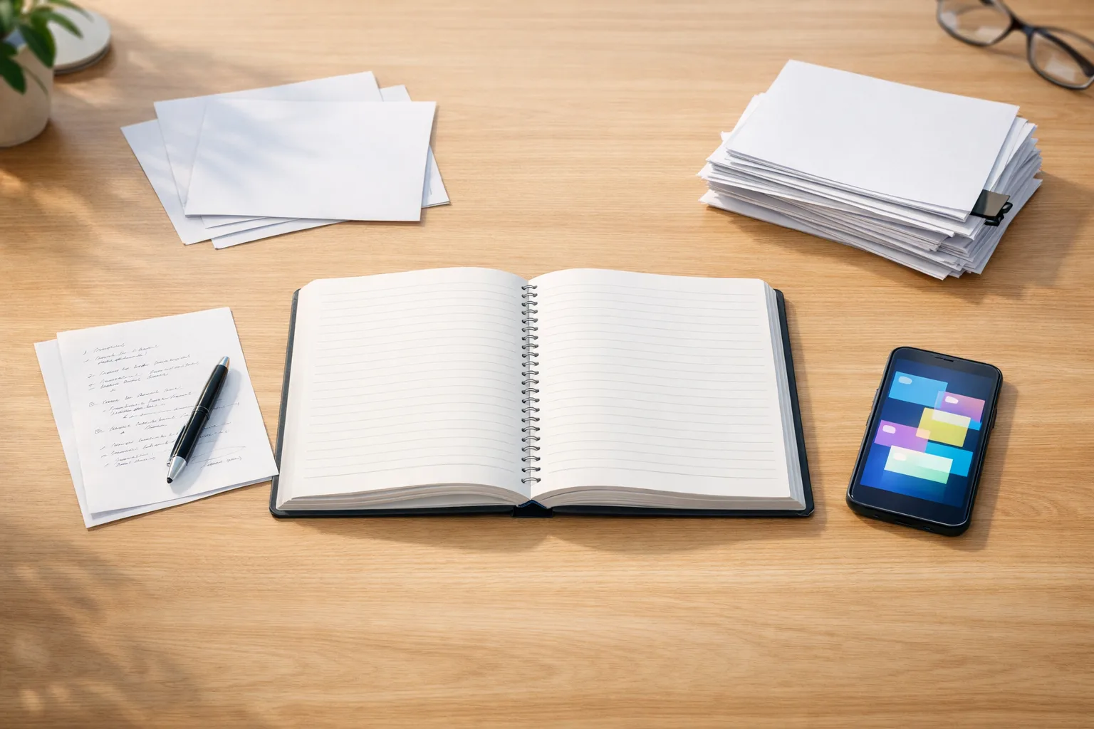 Cahier de cours ouvert au centre d’un bureau entouré d’indices évoquant plusieurs formes de soutien scolaire.