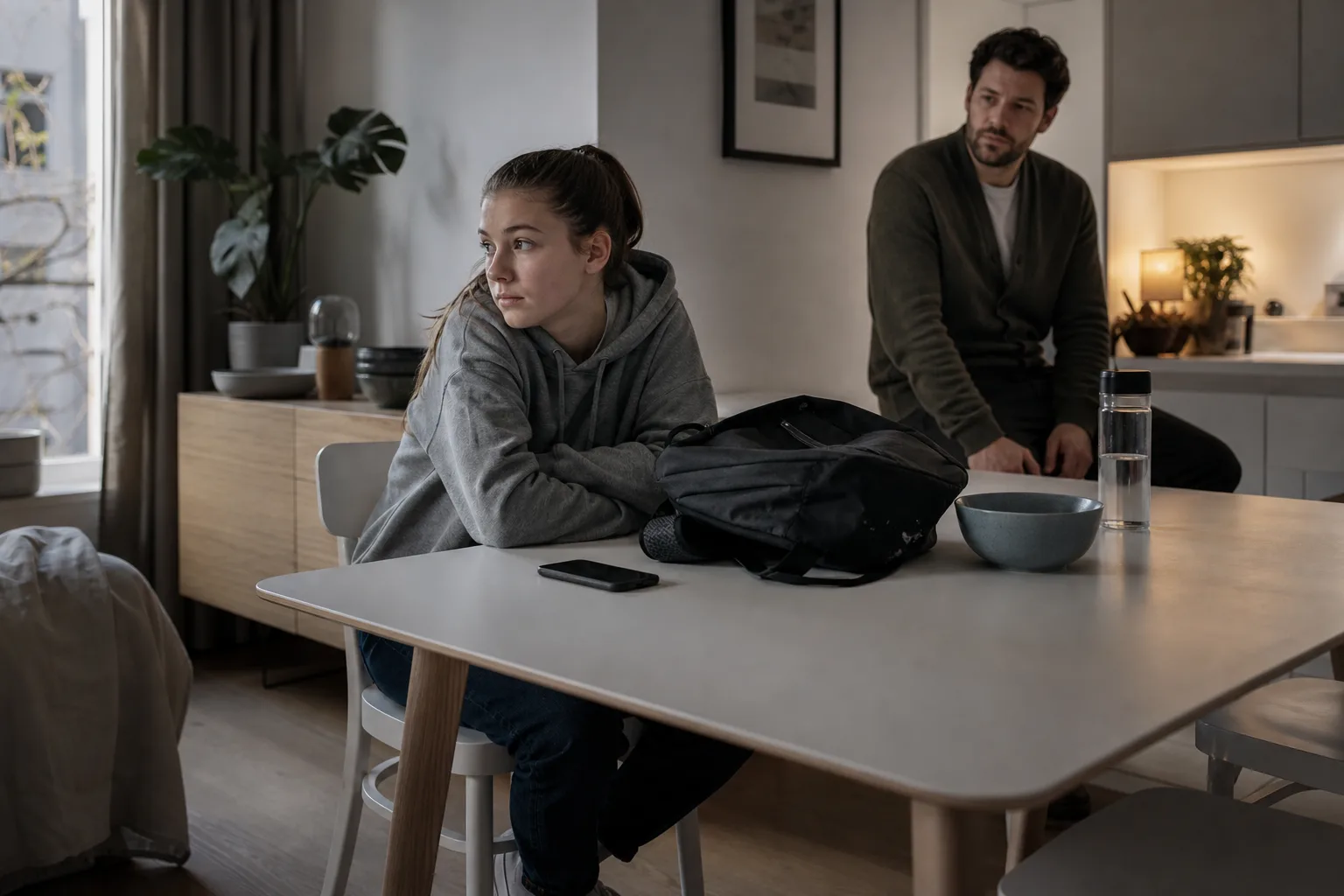 Ein Elternteil beobachtet ruhig einen zurückgezogenen Jugendlichen an einem Familientisch; daneben liegen eine geschlossene Schultasche und ein umgedrehtes Smartphone.