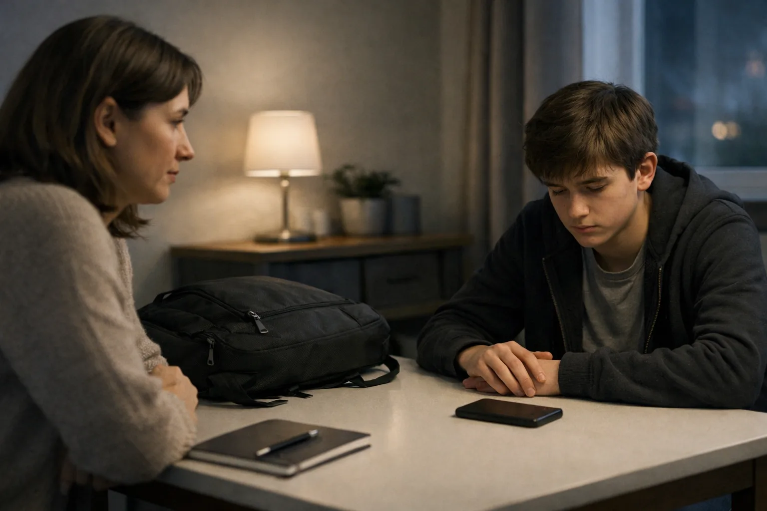 Un parent observe calmement un adolescent retiré à une table familiale, avec sac d’école fermé et téléphone retourné.