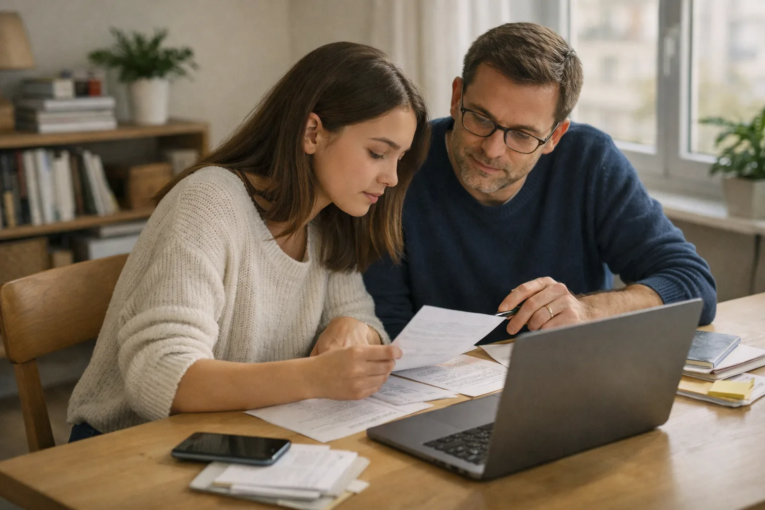Un parent et un lycéen regardent ensemble des réponses d’admission sur un ordinateur portable, avec des notes posées sur la table.