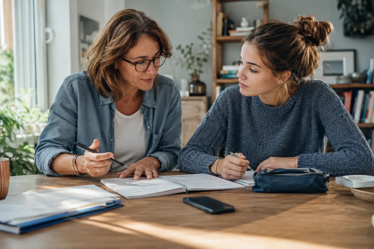 A parent and teenager talk calmly beside an open notebook, with a phone placed face down on the table.