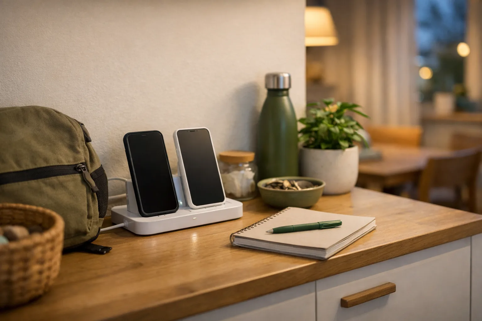 Deux smartphones posés sur une station de charge dans une entrée ou cuisine familiale, à côté d’un sac de cours et d’un cahier fermé.