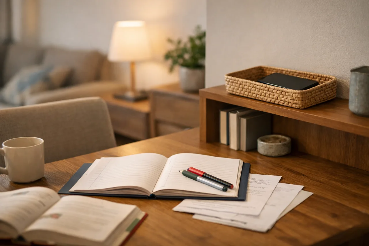 Un espace de devoirs avec cahier et stylos, tandis que le smartphone est rangé à distance dans une boîte ou sur une étagère.