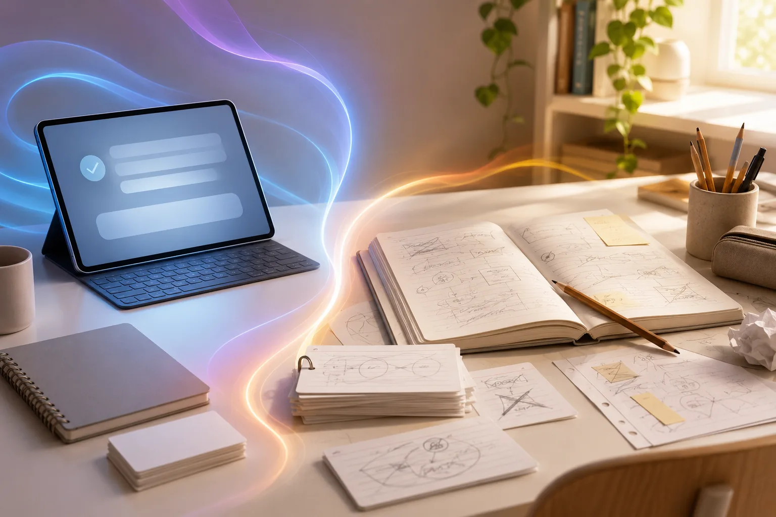 A study workspace contrasts a clean digital answer with rough notes, corrections and revision questions.