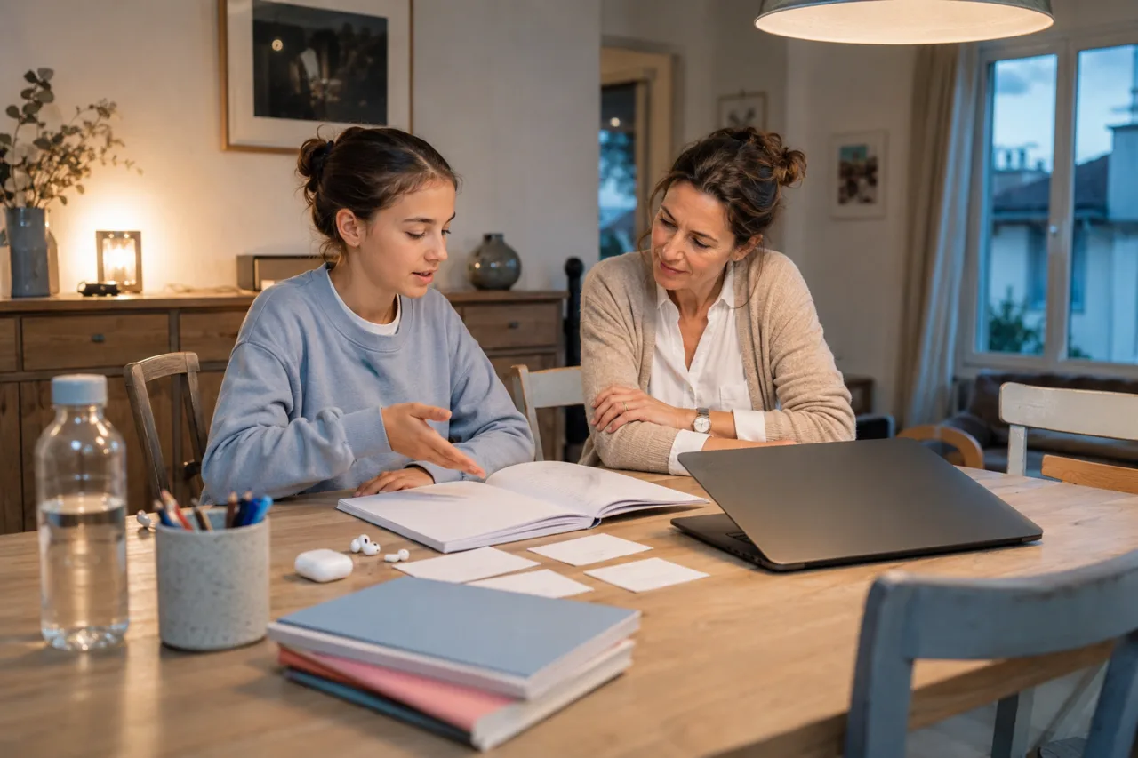 Un adolescent explique une notion à un parent à côté d’un ordinateur partiellement fermé et d’un cahier ouvert.