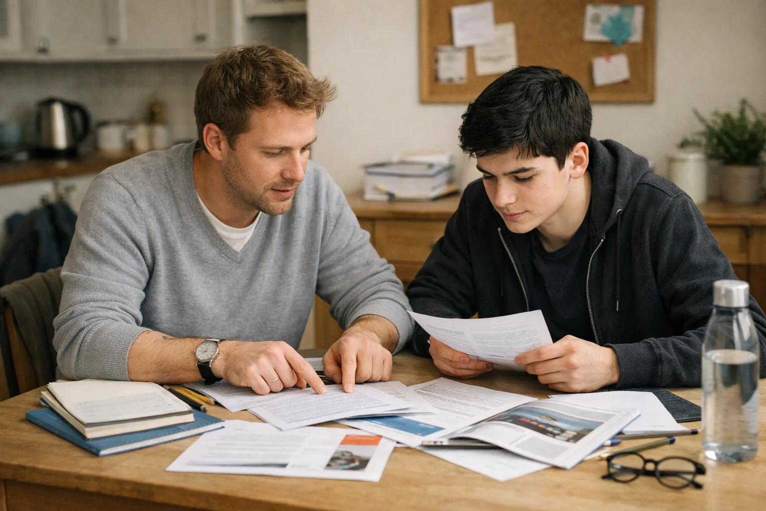 A parent and teenager sit at a kitchen table comparing post-16 study options and notes.