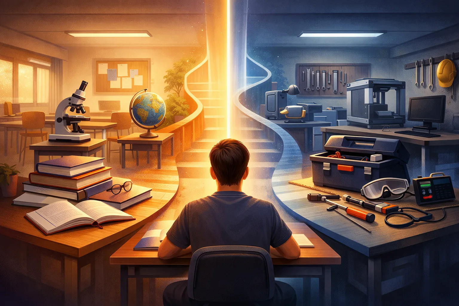 A balanced conceptual image showing one route towards classroom-based study and another towards hands-on technical learning.