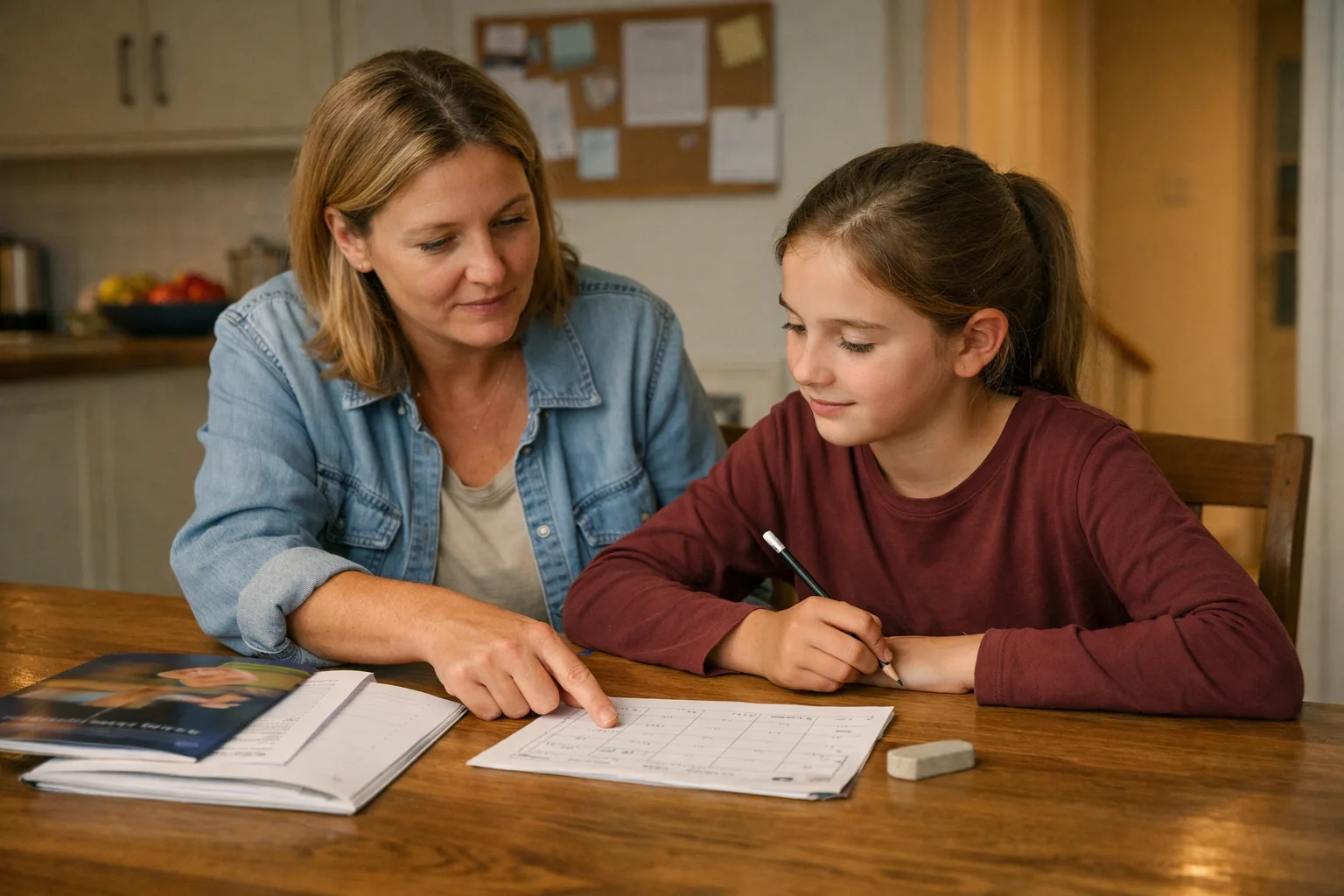 A parent and child calmly looking at a small amount of 11+ preparation material at a dining table at home.