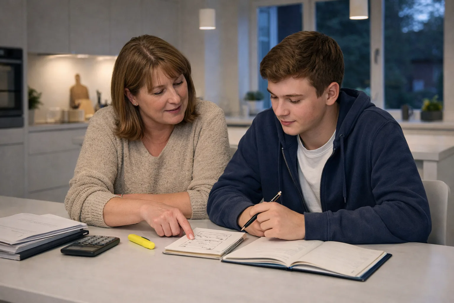 A parent and teenager calmly planning a GCSE resit at a kitchen table with study materials.