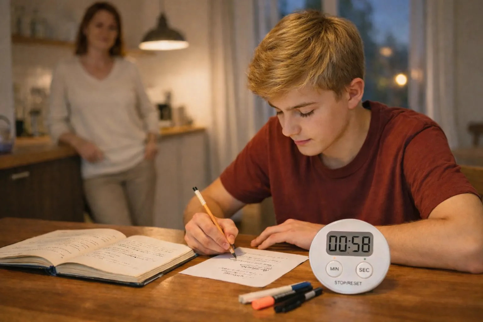 Eine Schülerin der Oberstufe ruft ein älteres Kapitel mit wenigen Stichwörtern aus dem Gedächtnis ab; daneben liegen ein geöffnetes Heft und ein 10-Minuten-Timer.