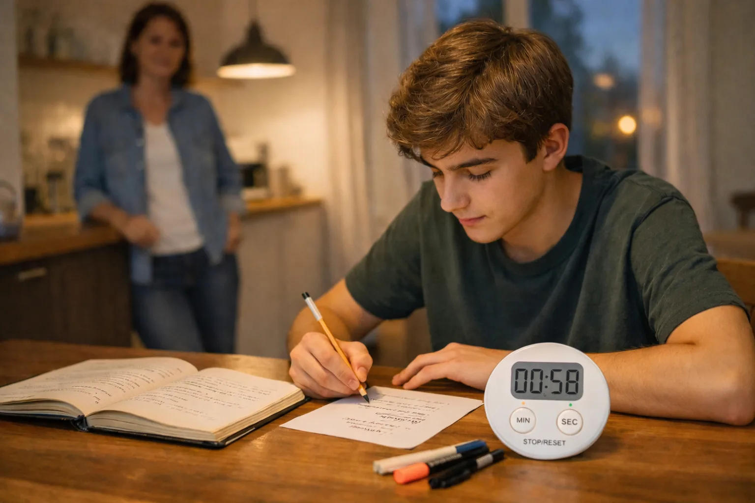 Une lycéenne réactive un ancien chapitre avec une feuille blanche, un cahier ouvert sur le côté et un minuteur de dix minutes.
