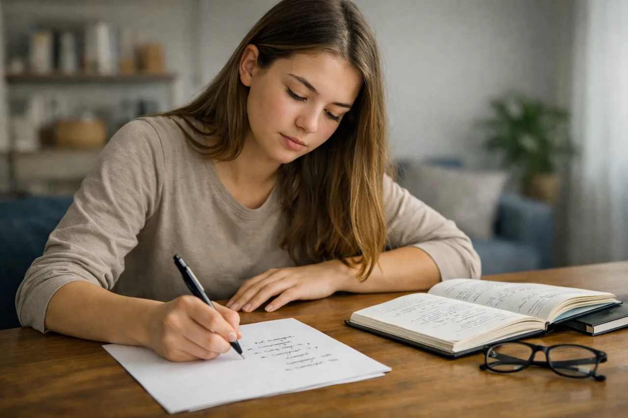 Une élève écrit de mémoire sur une feuille blanche avant de vérifier un ancien chapitre dans son cahier.