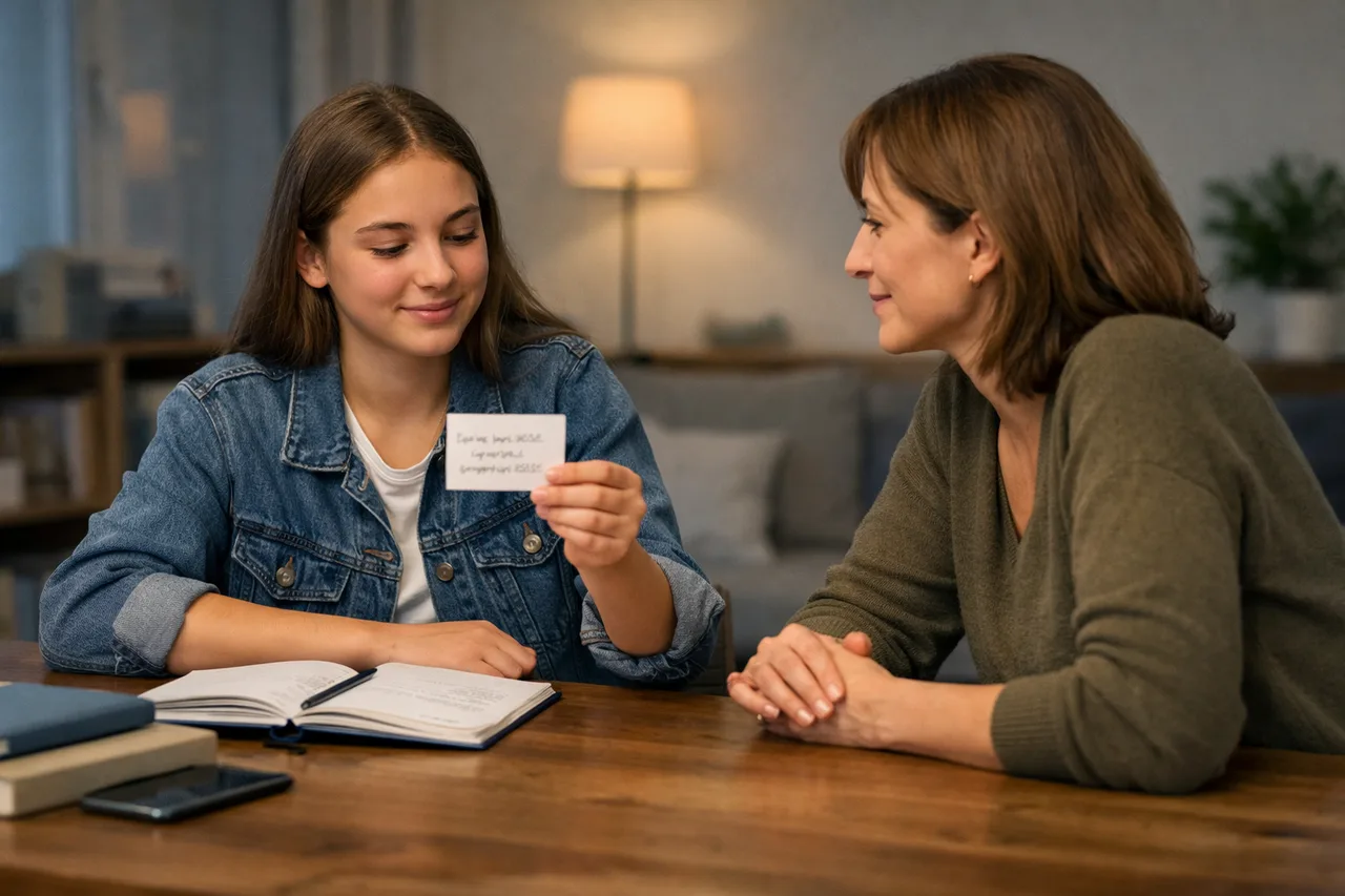 Une mère vérifie brièvement avec sa fille une petite trace de révision sans surveiller toute la séance.