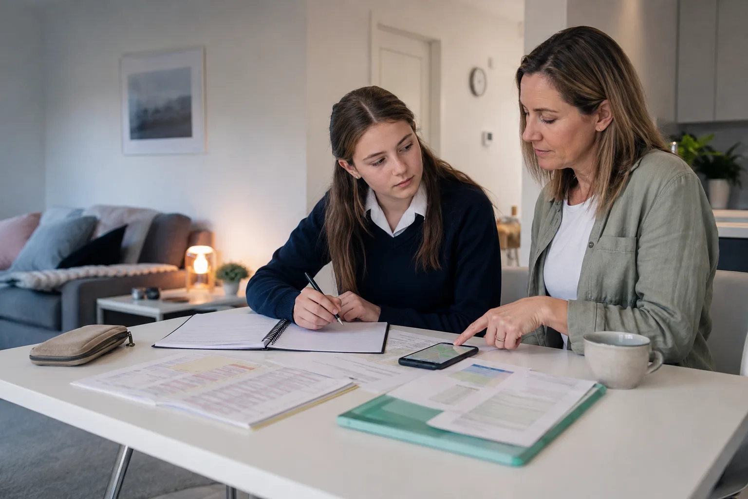 A parent and teenager review work experience details together at a family table.