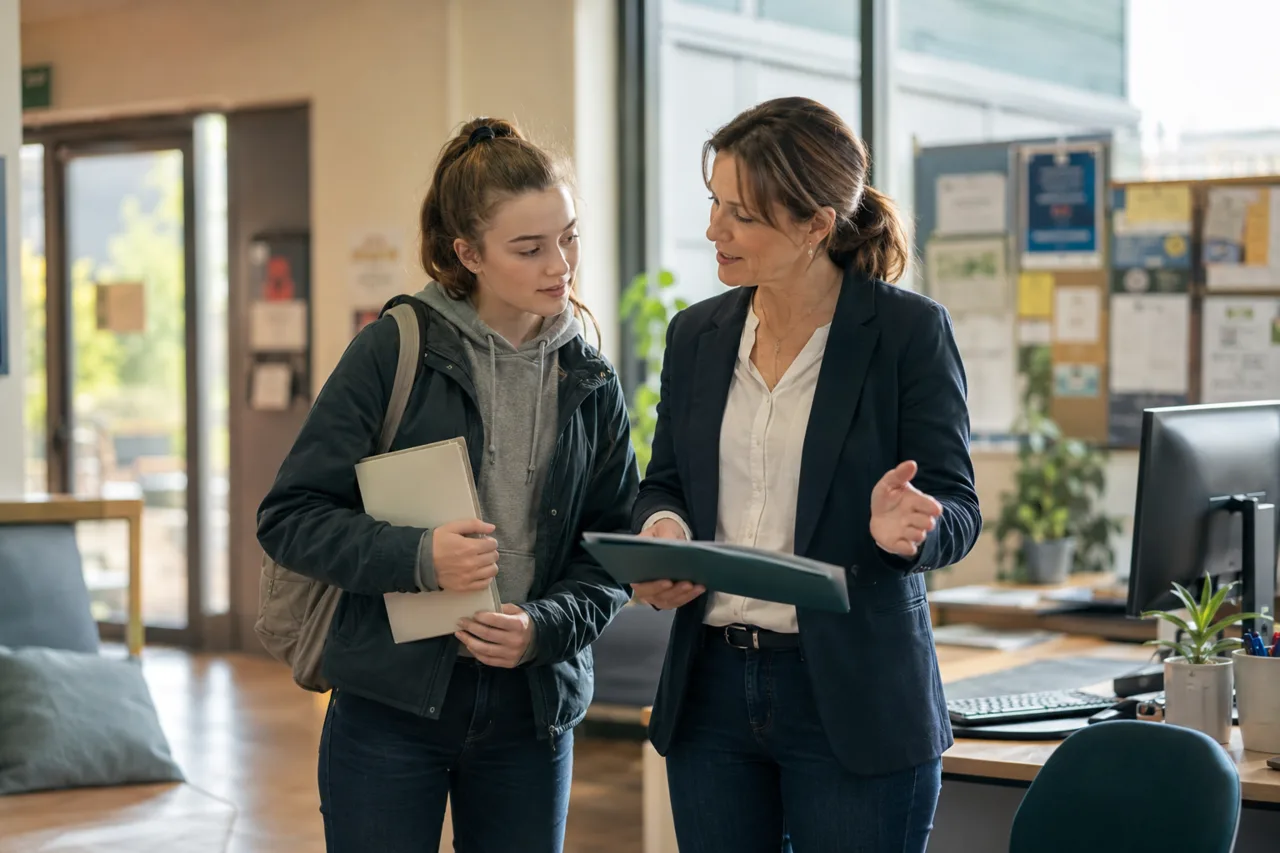 A teenager receives a calm induction from a workplace supervisor before a work experience placement.