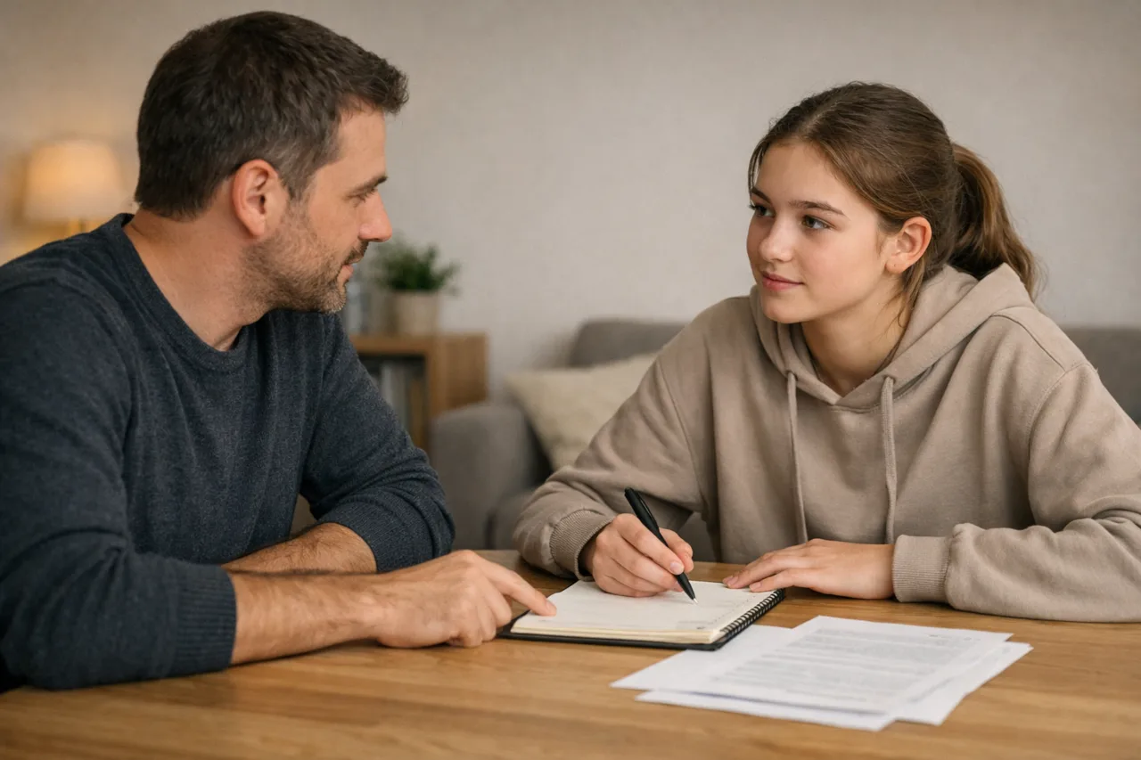 Ein Elternteil und ein Jugendlicher besprechen gemeinsam anhand weniger Unterlagen, welche Informationen die Schule erhalten soll.