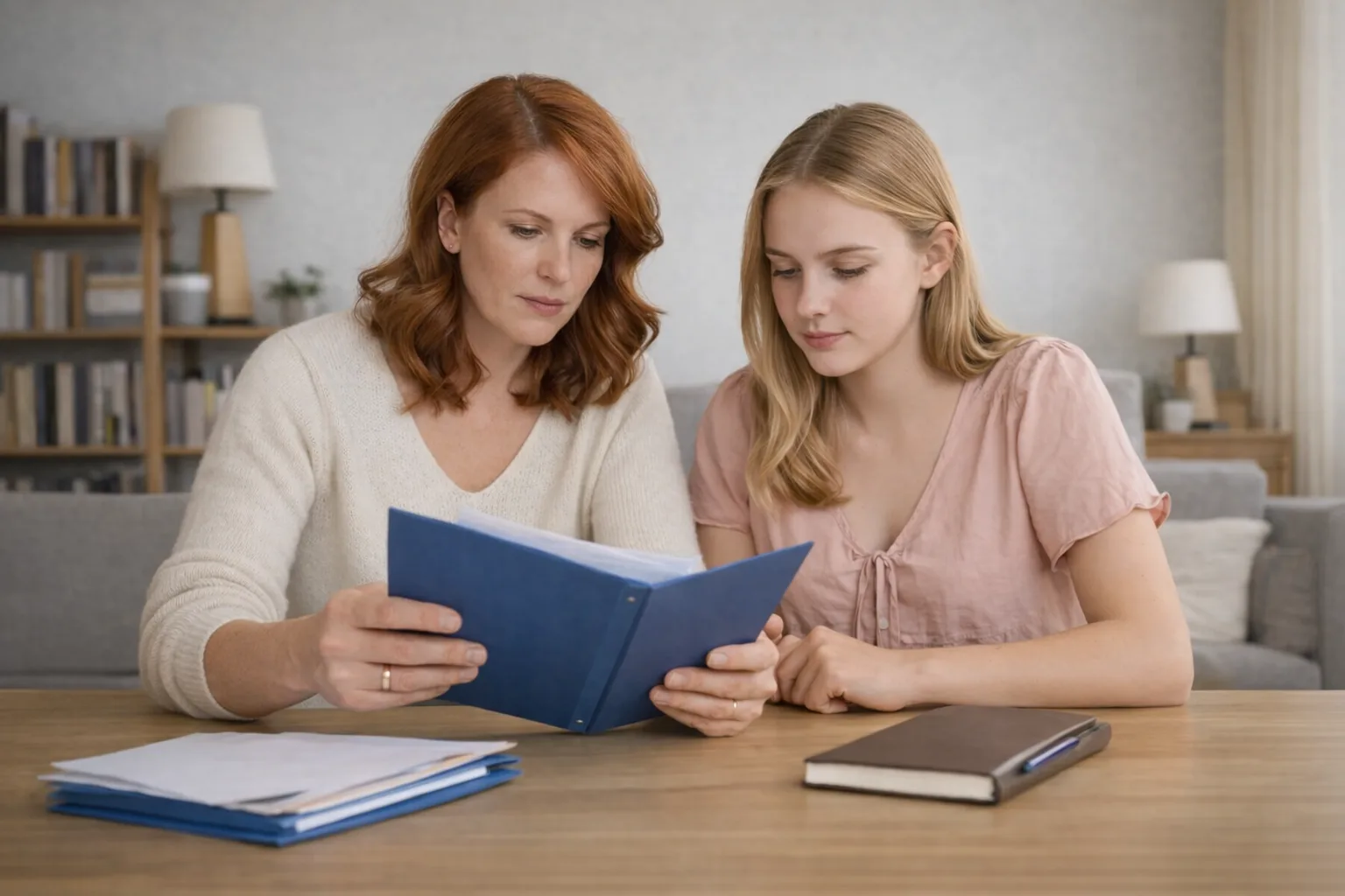 Un parent et un adolescent examinent calmement des documents avant de décider quoi partager avec l’établissement scolaire.