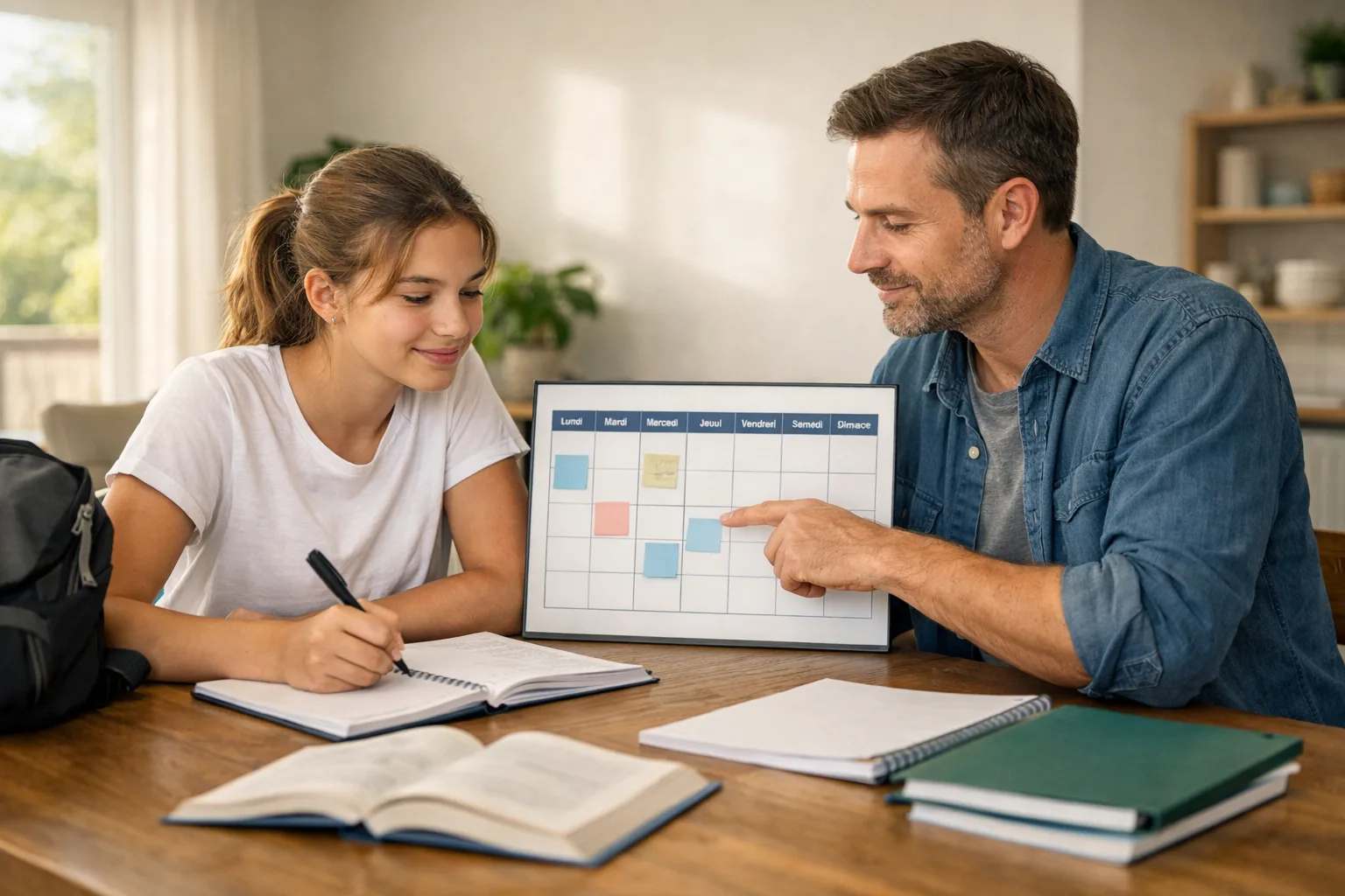 Un parent et un futur élève de seconde préparent calmement la rentrée autour d’un planning, de quelques cahiers et d’un sac de lycée.