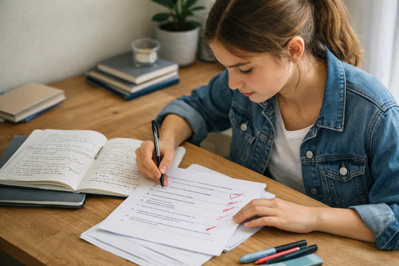 Un lycéen débutant transforme son cours en quelques questions-réponses et vérifie ses réponses sur un bureau simple.
