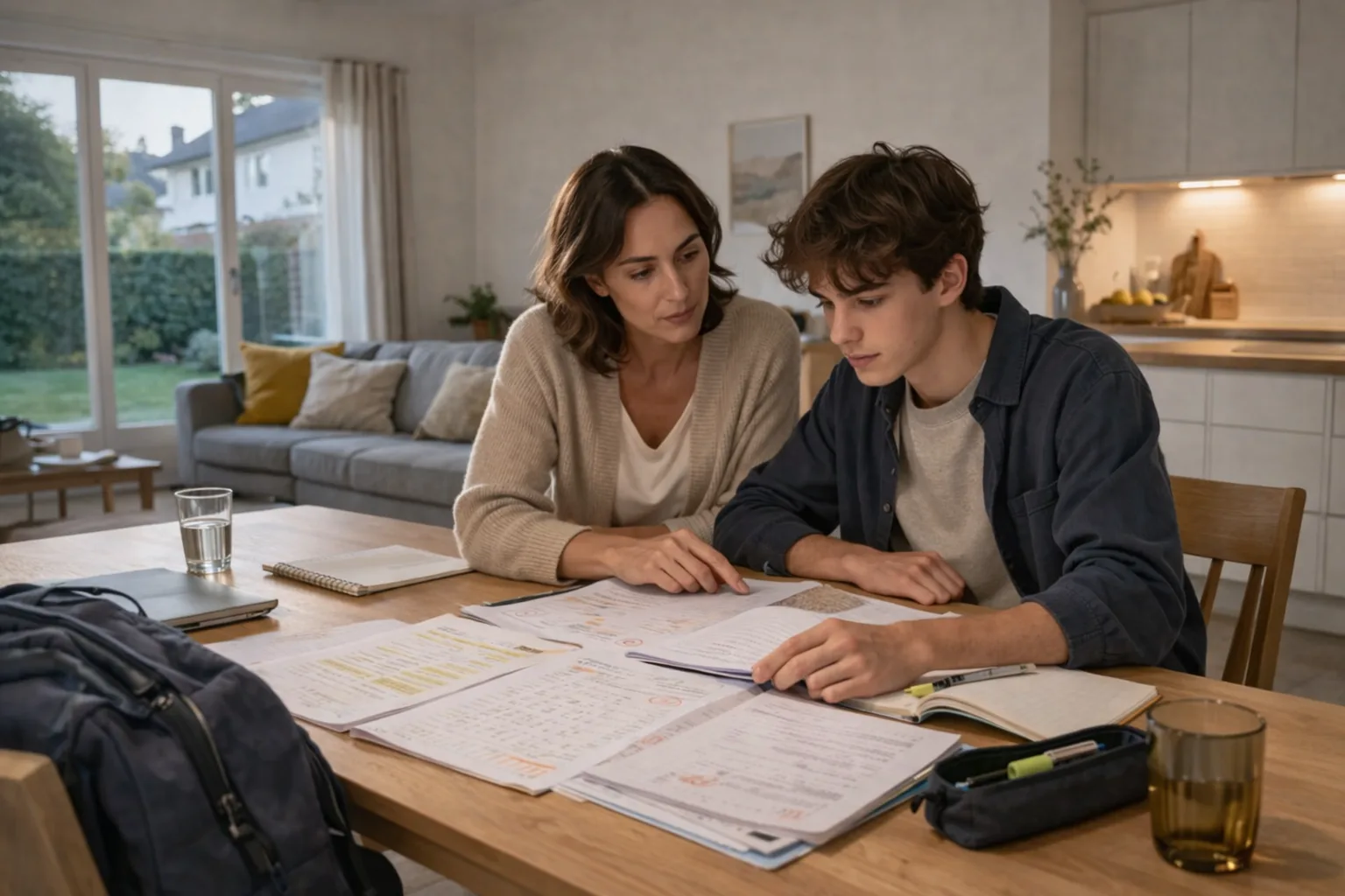 Un parent et un adolescent examinent des cahiers et des copies à une table pour comprendre une baisse de résultats malgré le travail fourni.