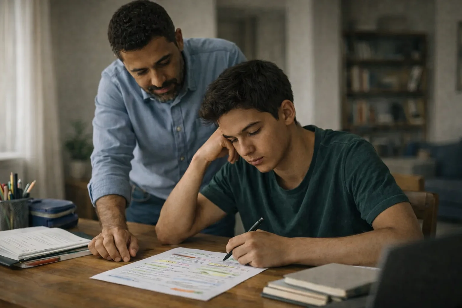Ein Teenager sitzt an einem häuslichen Arbeitsplatz zwischen dichten Lernzetteln und wenigen Karteikarten mit Abrufnotizen.