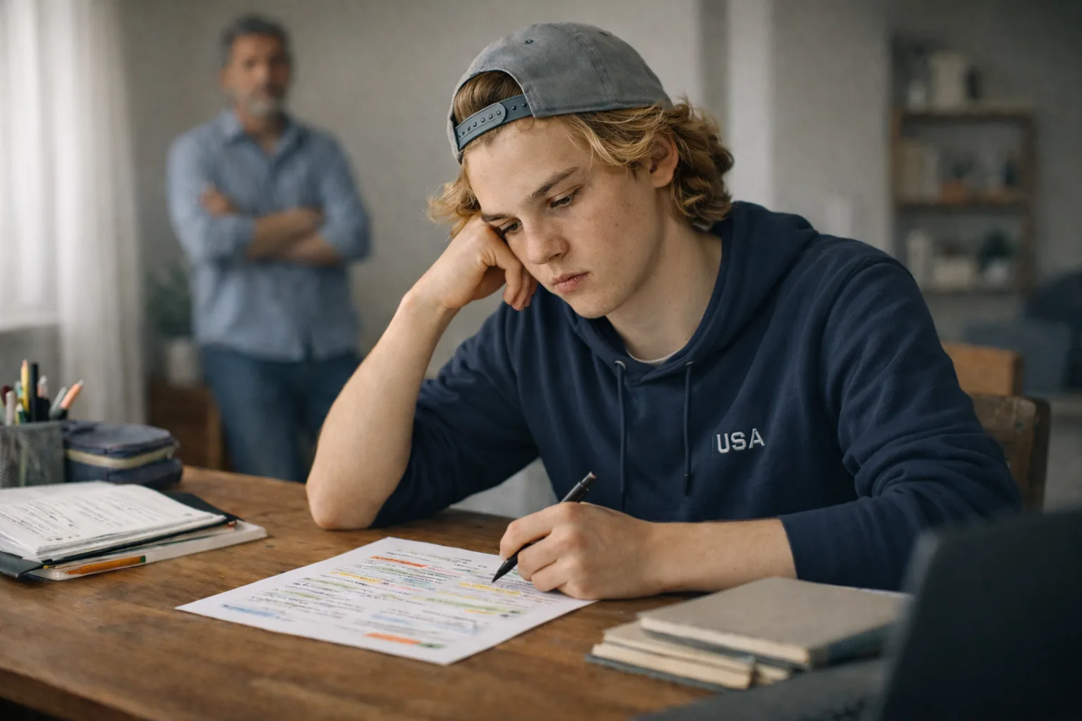 A high school student at a desk compares dense summary sheets with a smaller stack of flashcards and scratch-paper recall attempts.