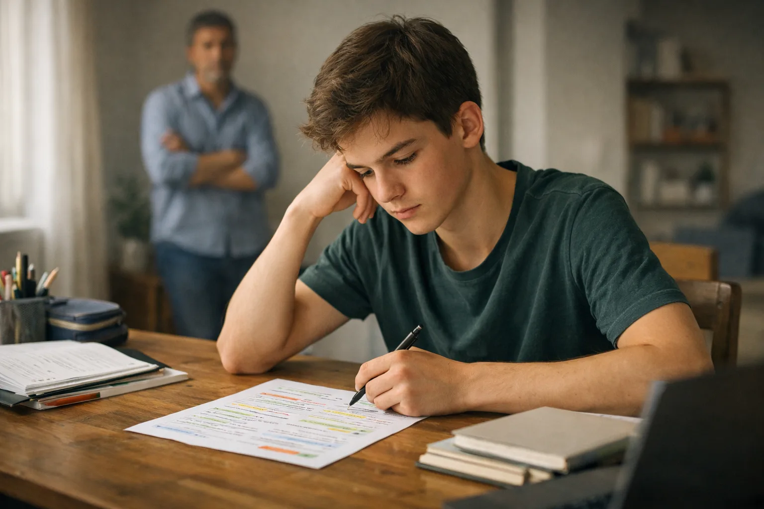 Une lycéenne assise à son bureau hésite entre des fiches de synthèse denses et quelques cartes de révision plus ciblées.