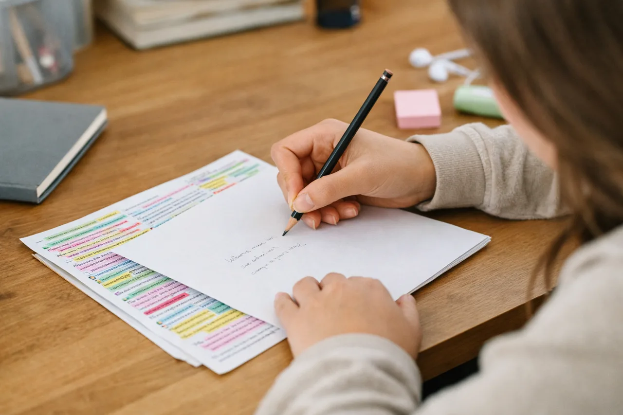 Une élève masque partiellement une fiche dense pour tenter d’écrire ce qu’elle retient sans la relire.
