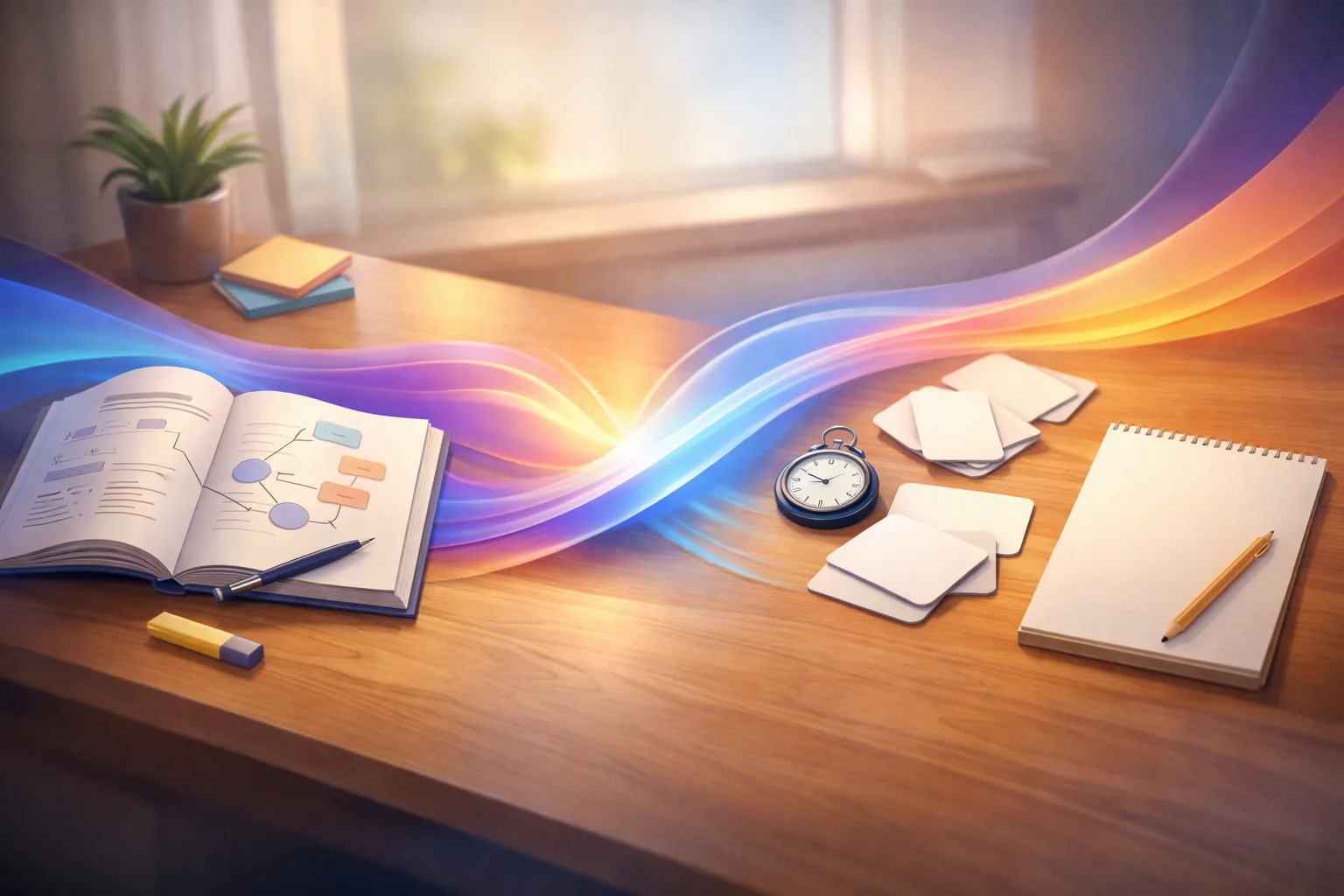 Un espace d’étude relie un cours ouvert à un moment de rappel actif, pour illustrer l’enchaînement entre compréhension et mémorisation.