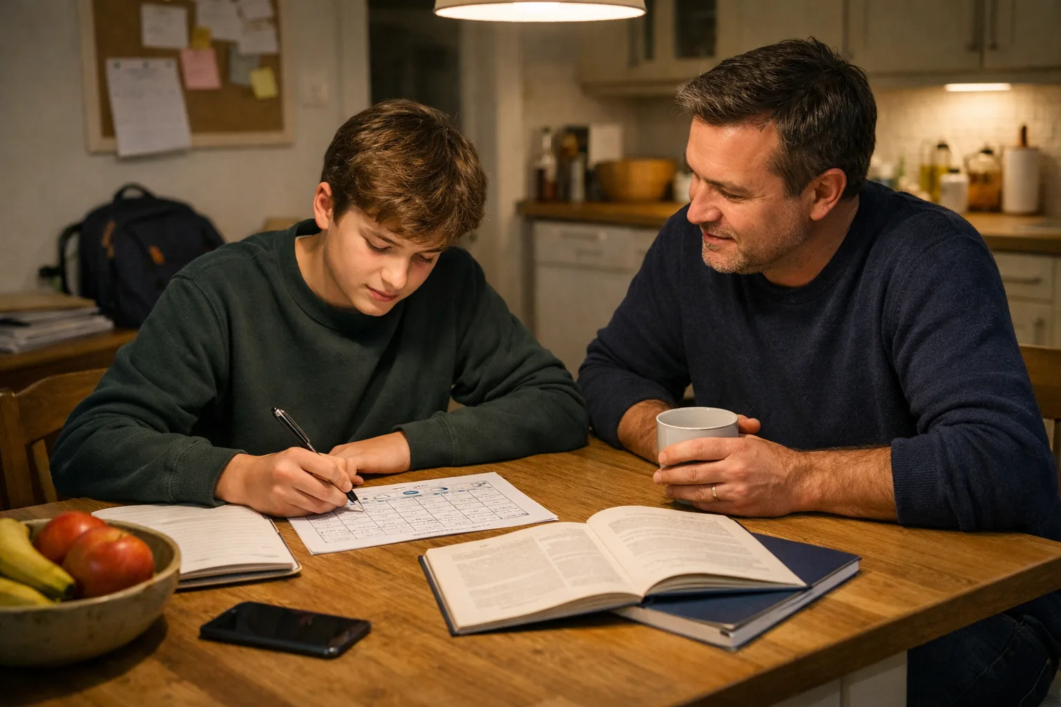 A GCSE-age student and a parent sit at a family table looking over a simple weekly revision plan with school books and a past paper.