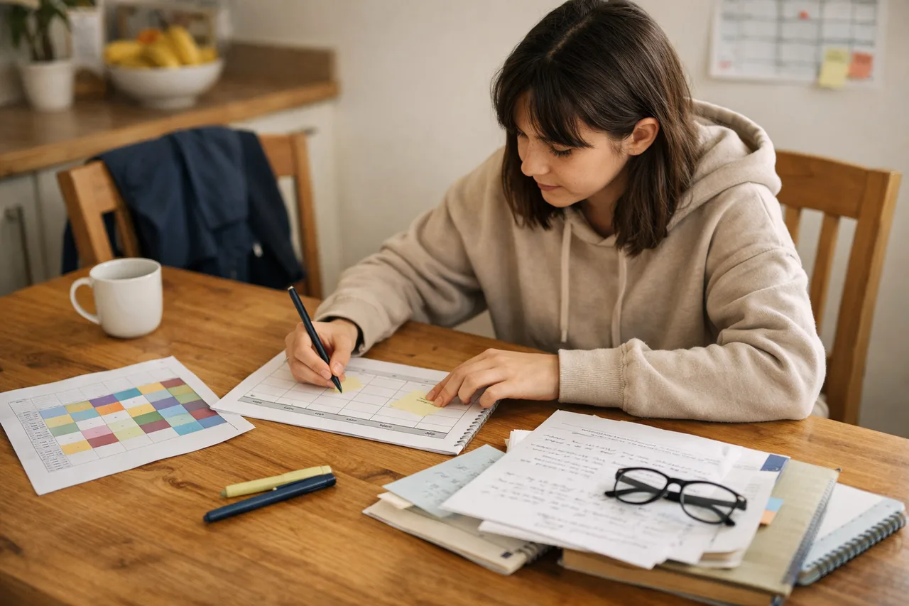 A GCSE student sits with a simple weekly revision planner, school timetable and subject notes while setting up the week.