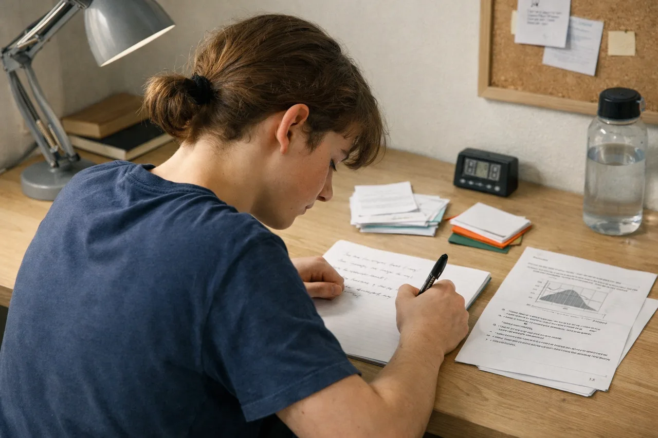 A GCSE student uses a blank sheet, flashcards and an exam-style question to do active revision at a desk.