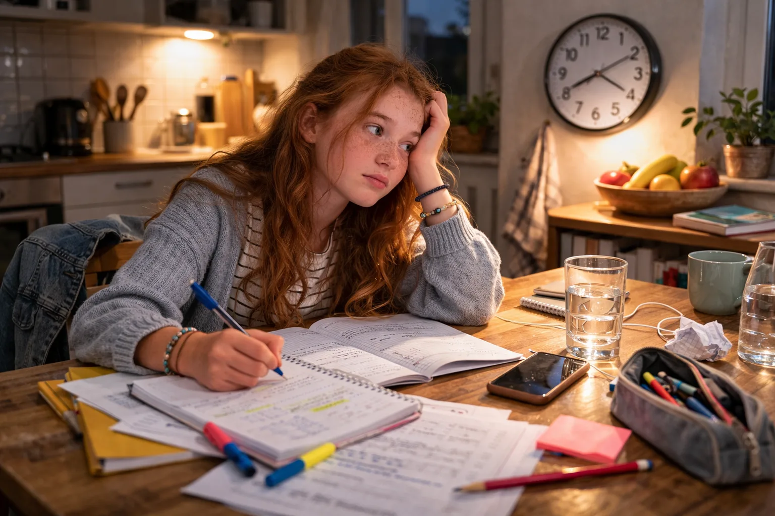 Adolescent assis à une table de travail en début de soirée, devoirs ouverts, regard partagé entre la feuille et l’horloge, avec une impression de temps qui s’étire.