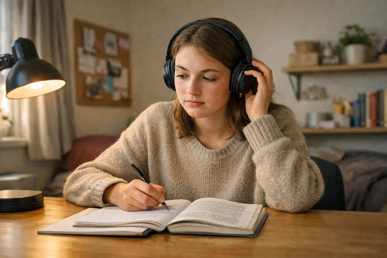 Teenager at a desk with one headphone earcup lifted, deciding whether music is helping with study.