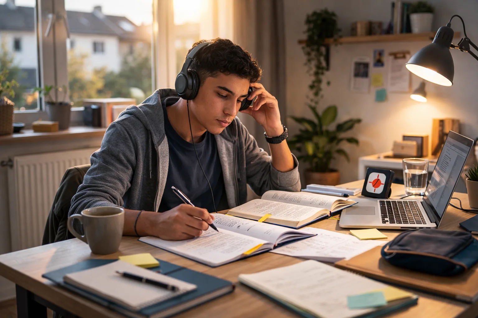 Adolescent à son bureau, une oreillette relevée, hésitant entre écouter de la musique et se concentrer sur son travail.