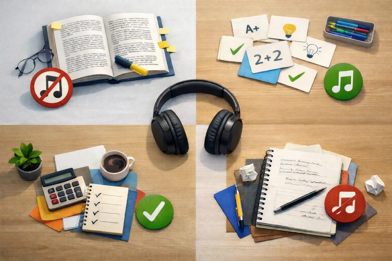 Illustration conceptuelle montrant plusieurs types de tâches scolaires autour d’un casque audio, pour comparer celles qui supportent ou non la musique.