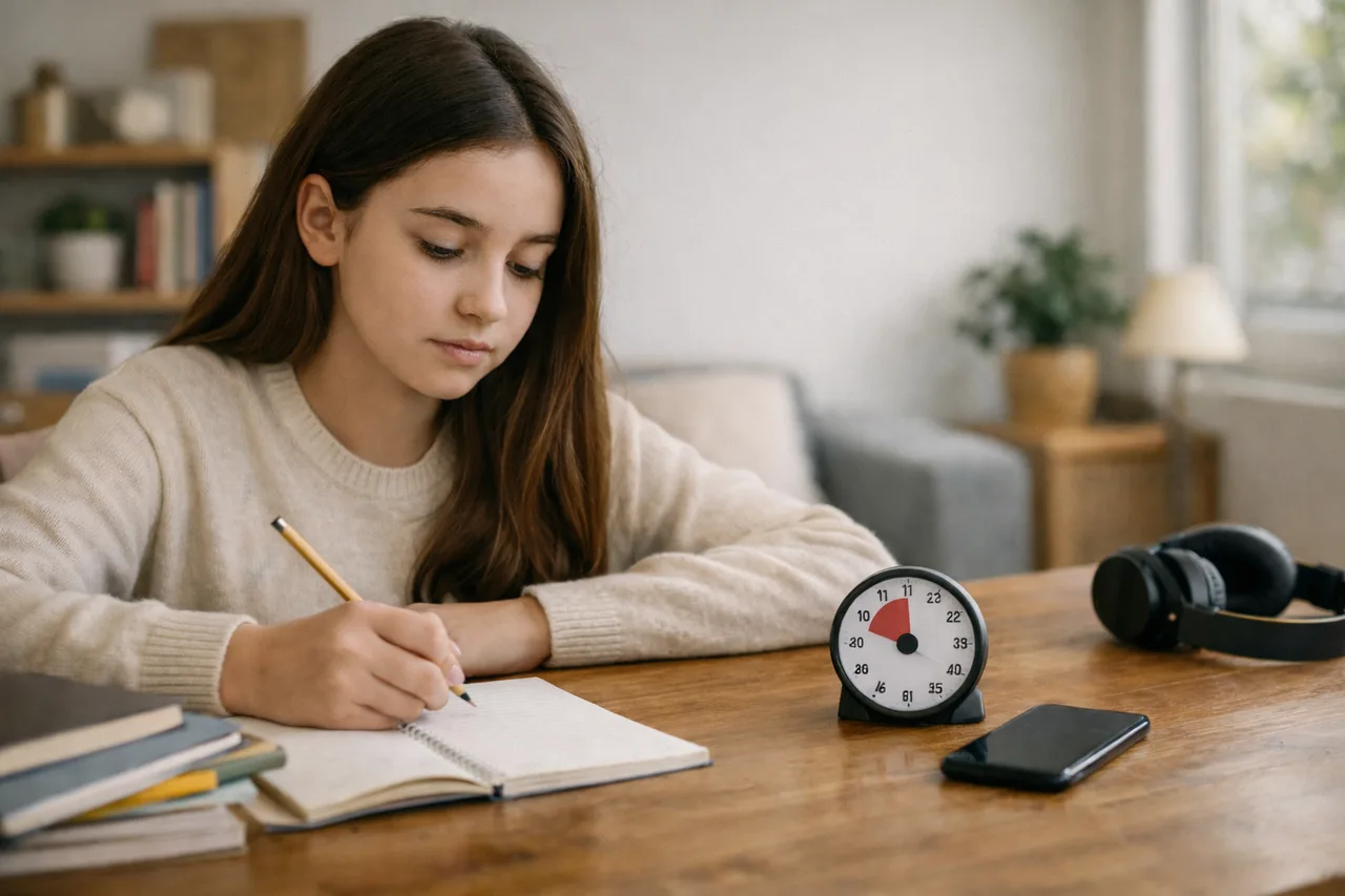 Adolescente installé pour une courte séance de travail, avec objectif écrit, minuteur prêt et casque laissé de côté.