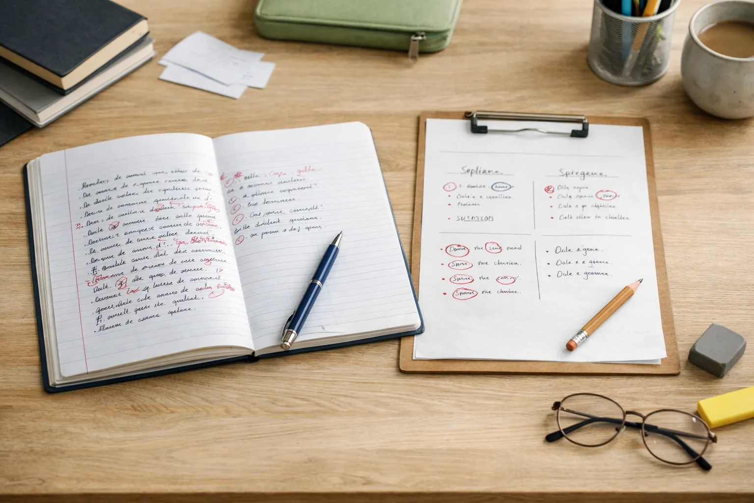 Cahier de français avec un paragraphe corrigé et des erreurs regroupées par type sur une table de travail à la maison.