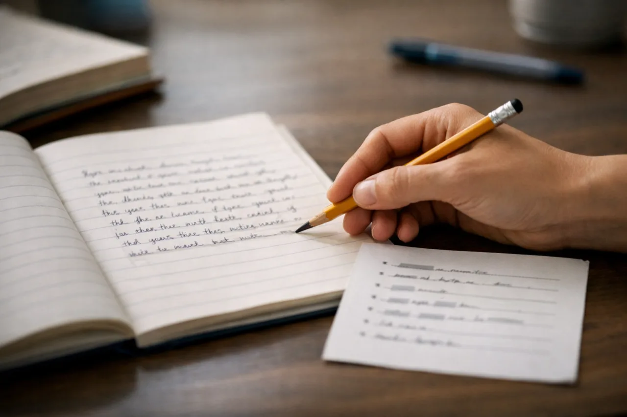 Main relisant un paragraphe d’élève à côté d’une feuille de phrases courtes pour retravailler une même difficulté d’orthographe.