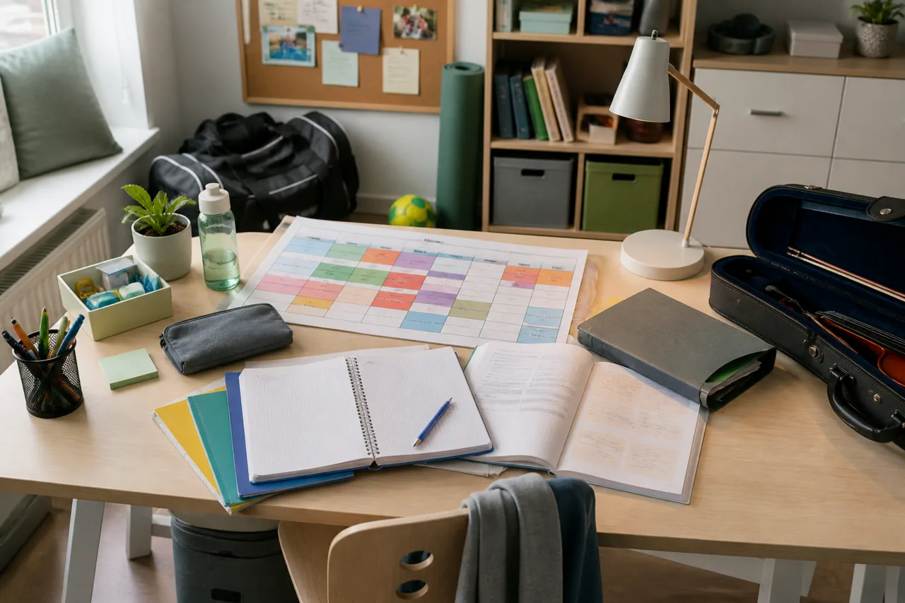 Häusliche Lernfläche mit Schulheften, Wochenplan, Sporttasche und Instrumentenkoffer.