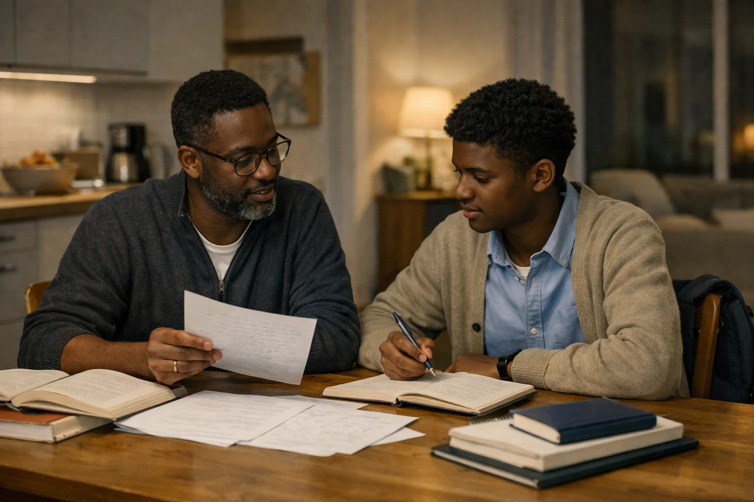 Un parent et un élève de terminale comparent calmement des options d’études littéraires autour d’une table de travail à la maison.
