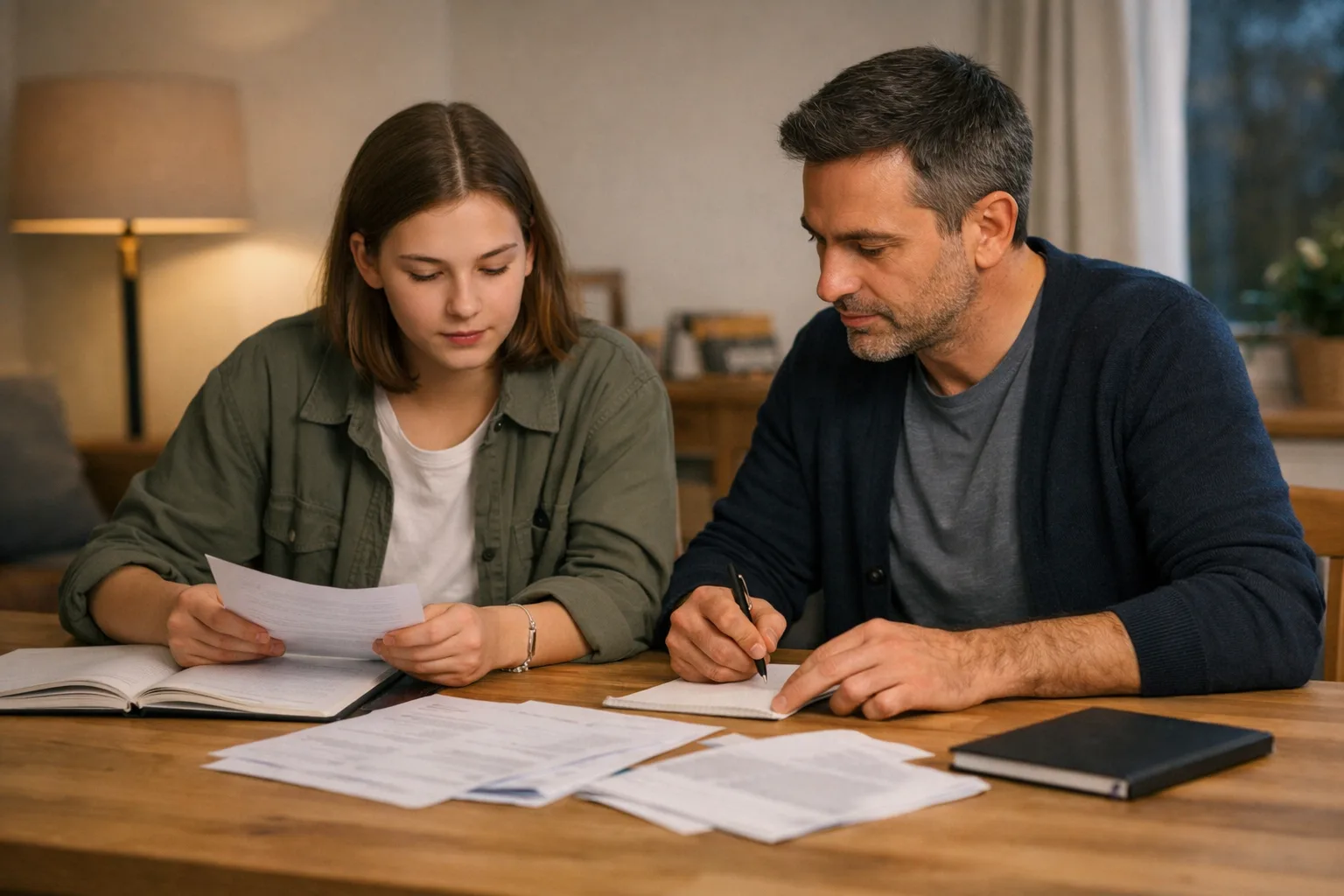 Un parent et un adolescent examinent calmement des documents scolaires autour d’une table à la maison.