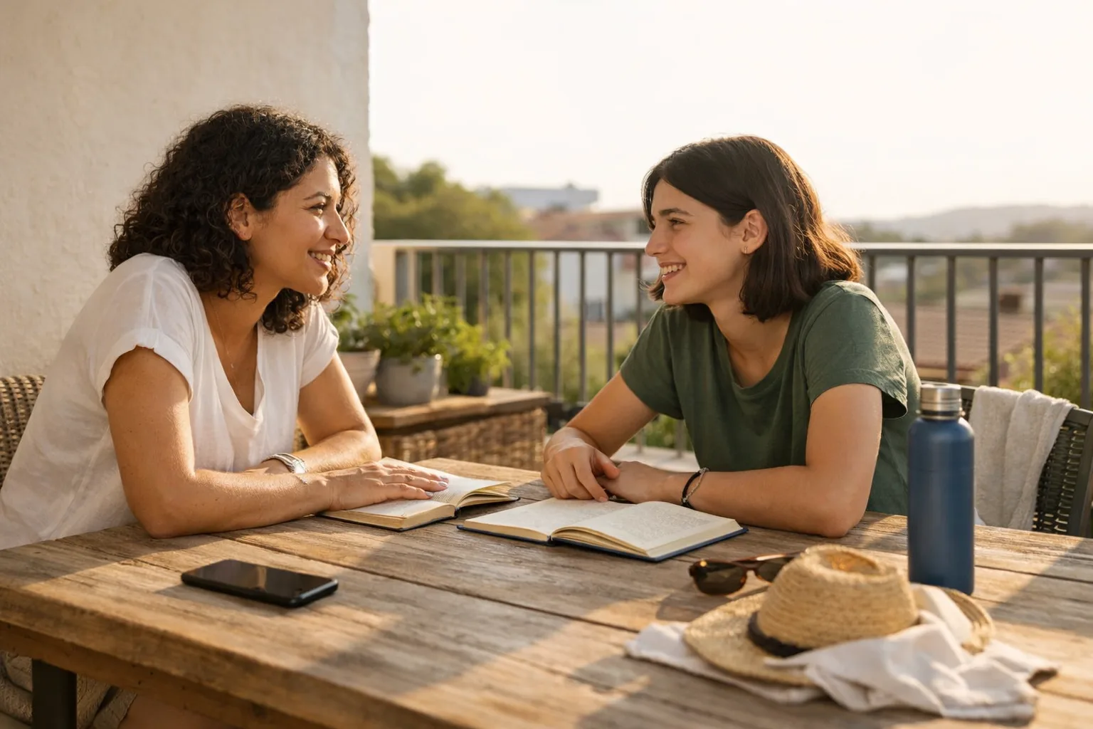 Un parent et un adolescent dans un logement de vacances, avec un téléphone posé de côté pendant un moment calme partagé.