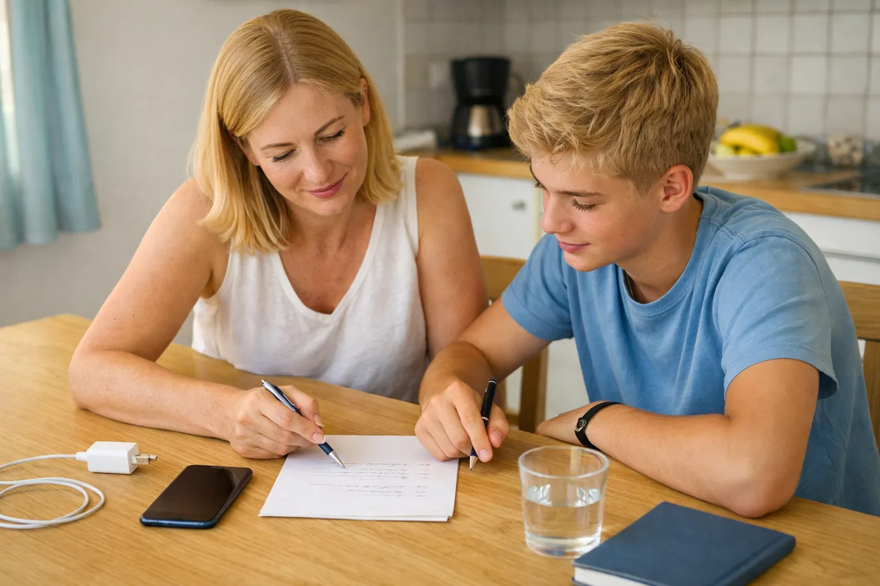 Un parent et un adolescent écrivent ensemble quelques règles simples autour d’une table de vacances, avec un téléphone et un chargeur à côté.
