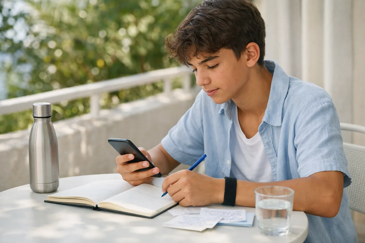 Un adolescent révise brièvement sur son téléphone à une petite table extérieure, avec un cahier ouvert et quelques notes.