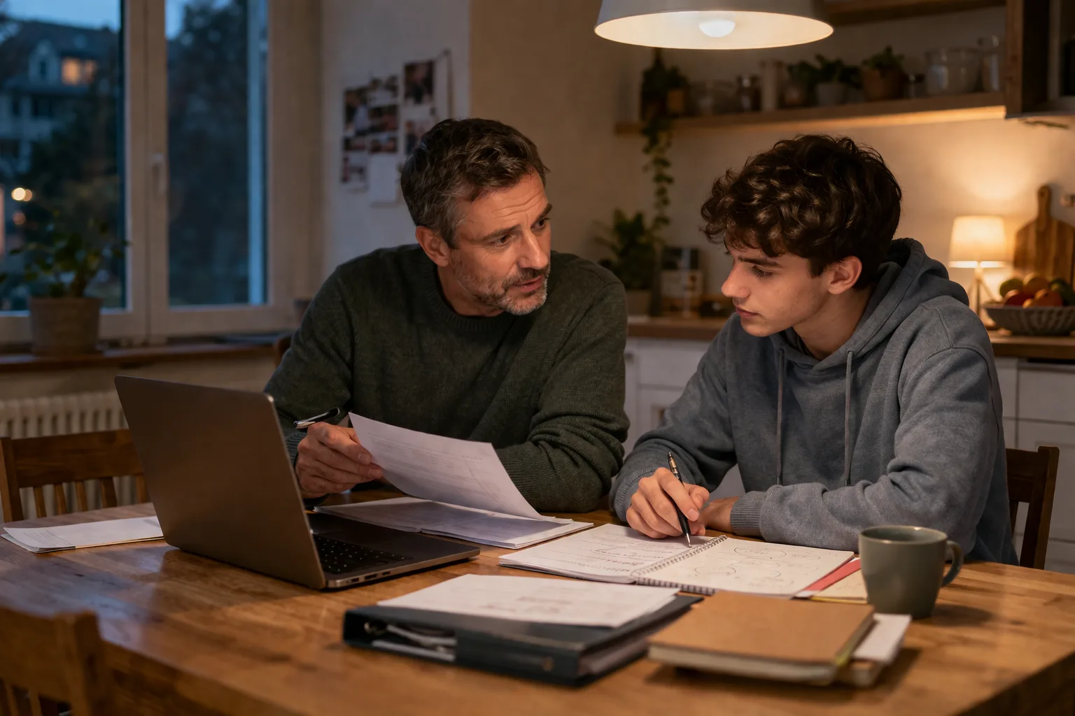 Ein Elternteil und ein angehender Studierender sitzen abends am Tisch und planen mit Laptop und Unterlagen die Studienfinanzierung.