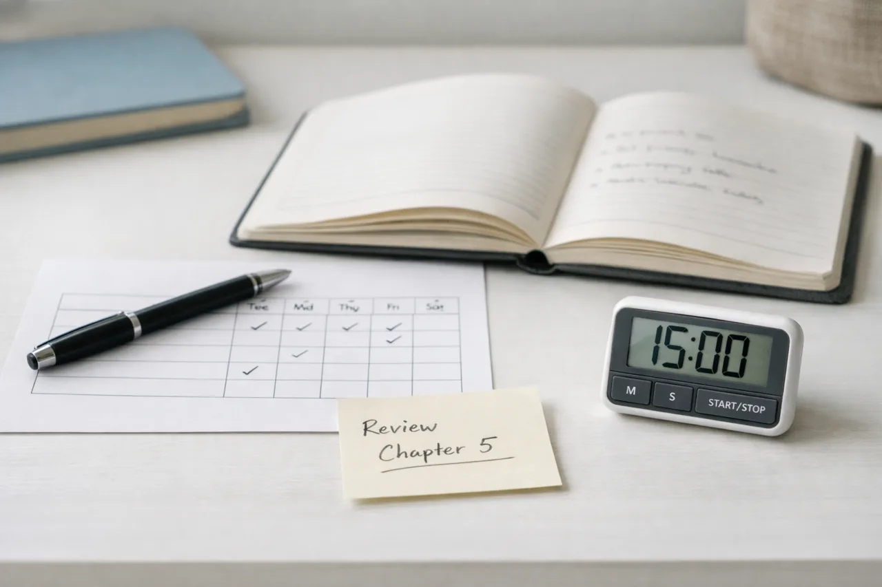 A simple weekly study tracker with a few ticks, an open exercise book, a next-step note and a countdown timer on a home work surface.