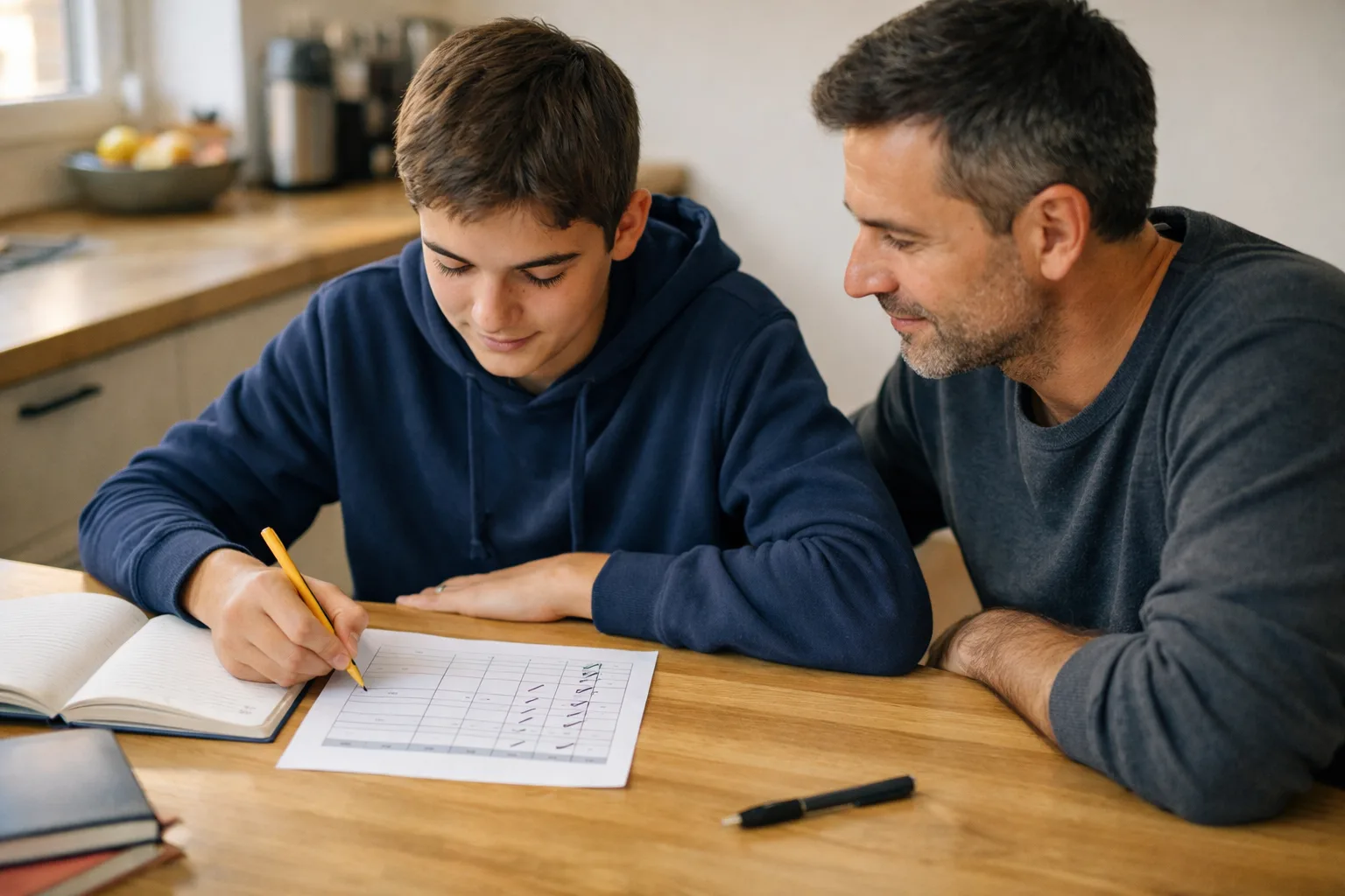 Un adolescent coche une fiche de suivi simple pendant qu’un parent fait un bref point calme à côté de lui, sans posture de surveillance.