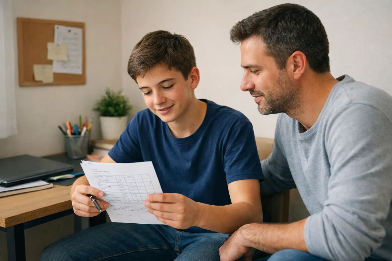 Un parent et un adolescent font un point bref sur une feuille de suivi, côte à côte, dans une atmosphère calme.