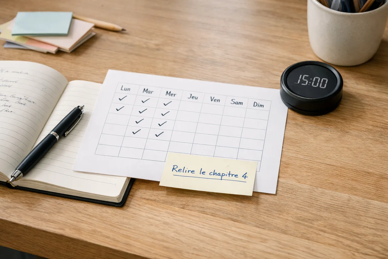 Une fiche de suivi hebdomadaire simple avec quelques coches, un cahier ouvert et une prochaine petite action notée à la main.